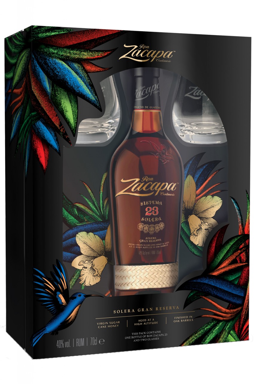 Ron Zacapa 23 Solera im Geschenkset mit zwei Gläsern